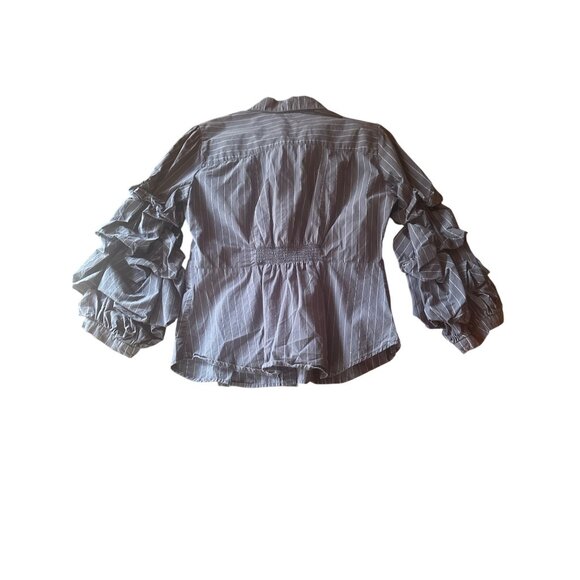 Free People Navy Pinstripe Ruffle Sleeve Button-Up Shirt L Cotton Blend - Picture 6 of 6